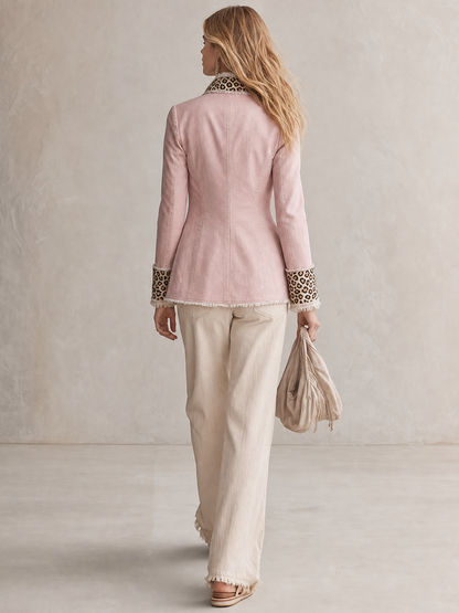 Light-luxury Leopard-panel Raw-edge Denim Blazer