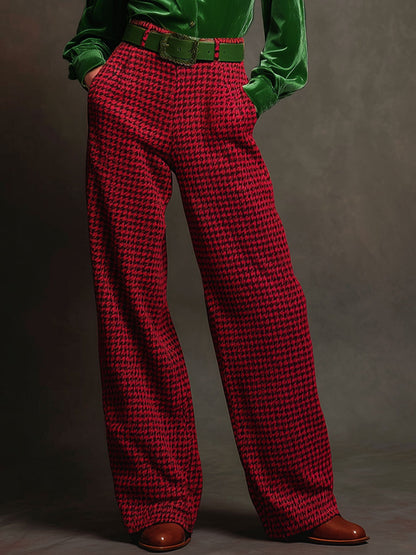 Retro Green Velvet Pleated Long-sleeved Shirt And Houndstooth Wide-leg Pants Set