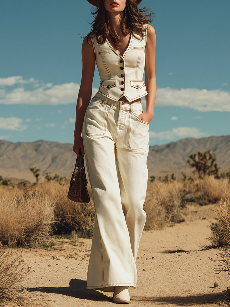 Stylish Western-style White Denim Vest And Wide-leg Pants Set