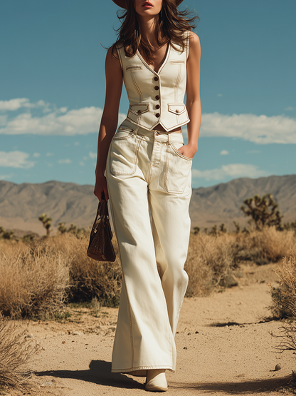 Stylish Western-style White Denim Vest And Wide-leg Pants Set