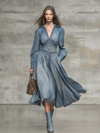 Elegant Retro Lapel Button Denim Midi Dress