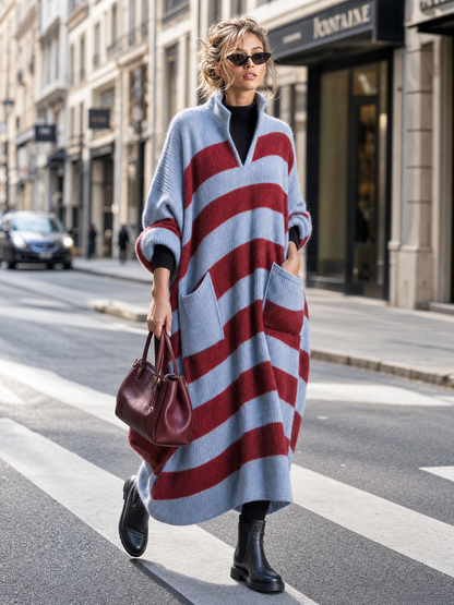 Comfortable Lazy Stand-collar V-neck Patch Pocket Blue And Red Striped Knit Maxi Dress