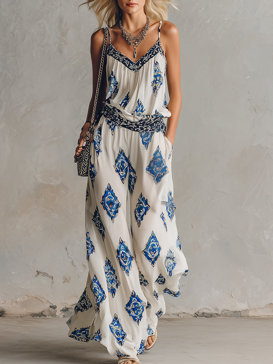 Retro Bohemian Print White Camisole And Wide-Leg Pants Chiffon Set