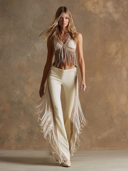 Western-style Elegant Fringed Off-white Faux Suede Flared Pants