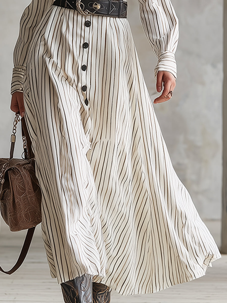 Elegant Vintage White Striped Lapel Maxi Dress