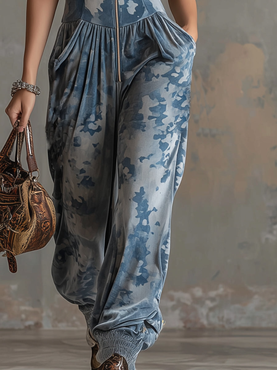 Stylish Sporty Grey-blue Camouflage Print Velvet Hooded Sleeveless Jumpsuit