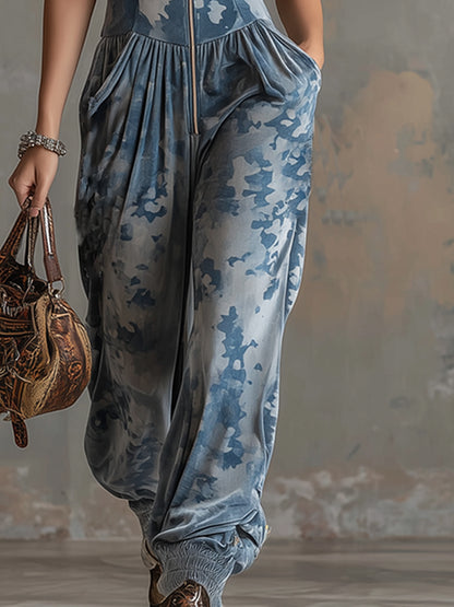 Stylish Sporty Grey-blue Camouflage Print Velvet Hooded Sleeveless Jumpsuit