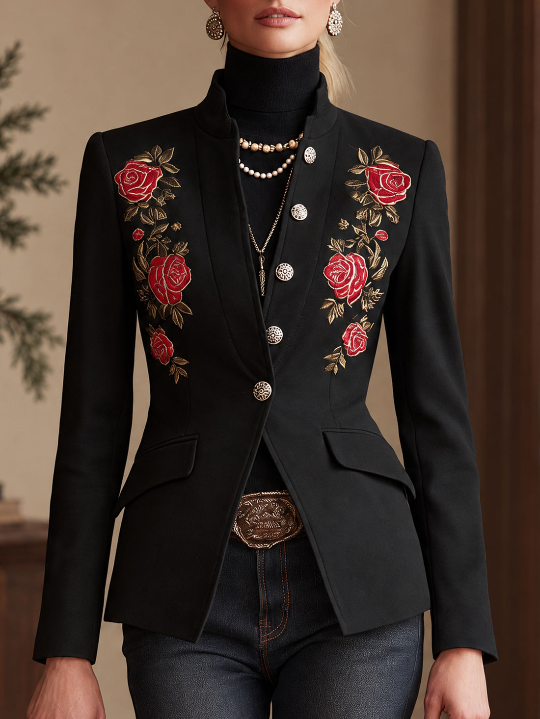 Stand Collar Single-breasted Rose Embroidered Woolen Blazer