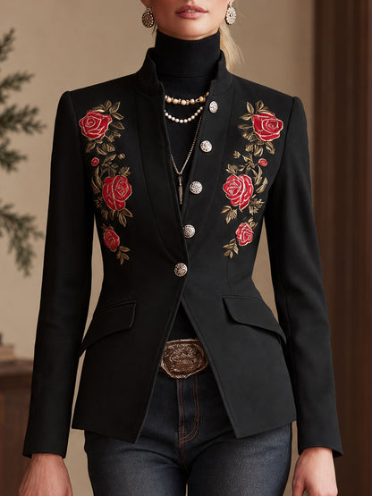 Stand Collar Single-breasted Rose Embroidered Woolen Blazer