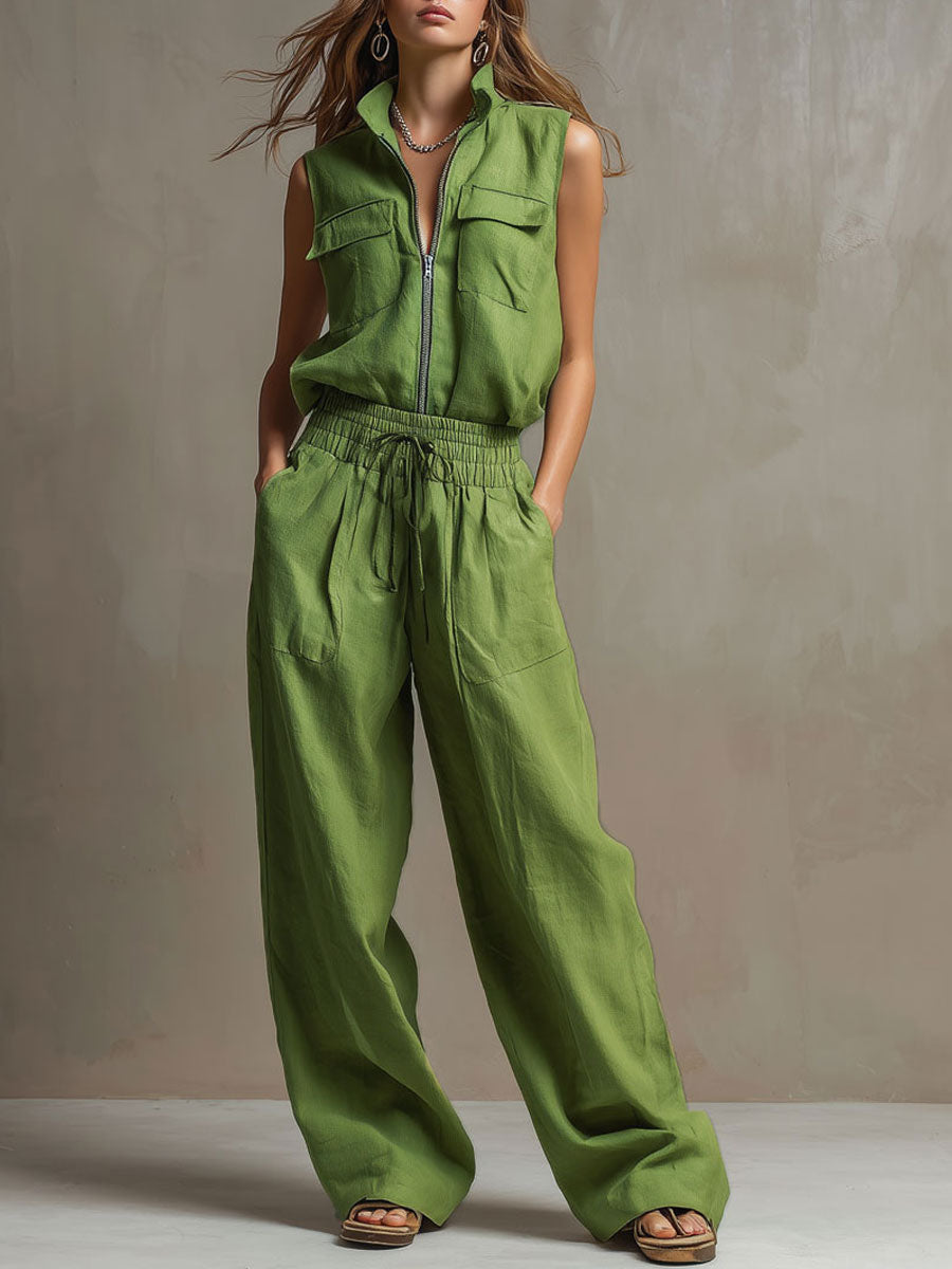 Casual Retro Green Cotton Linen Sleeveless Zip-up Shirt And Wide-leg Pants Set