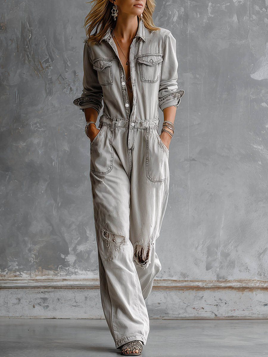 Chic And Casual Light Grey Distressed Ripped Denim Jumpsuit