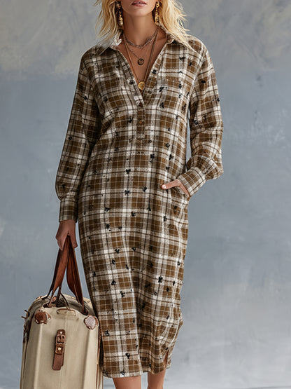 Stylish And Casual Brown Plaid Midi Dress