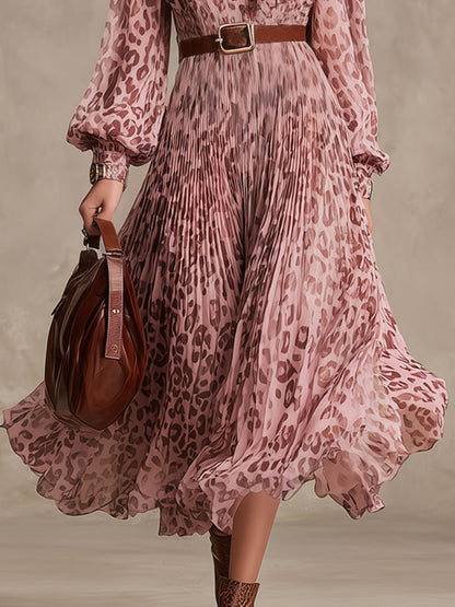 Fashionable Retro Leopard Print Pink Chiffon Pleated Long-sleeved Midi Dress