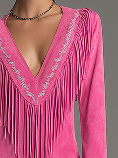 Western-style Retro Embroidered Tassel Pink Faux Suede Mini Dress
