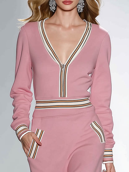 Fashionable And Casual Ruffled Hem Pink V-neck Midi Dress