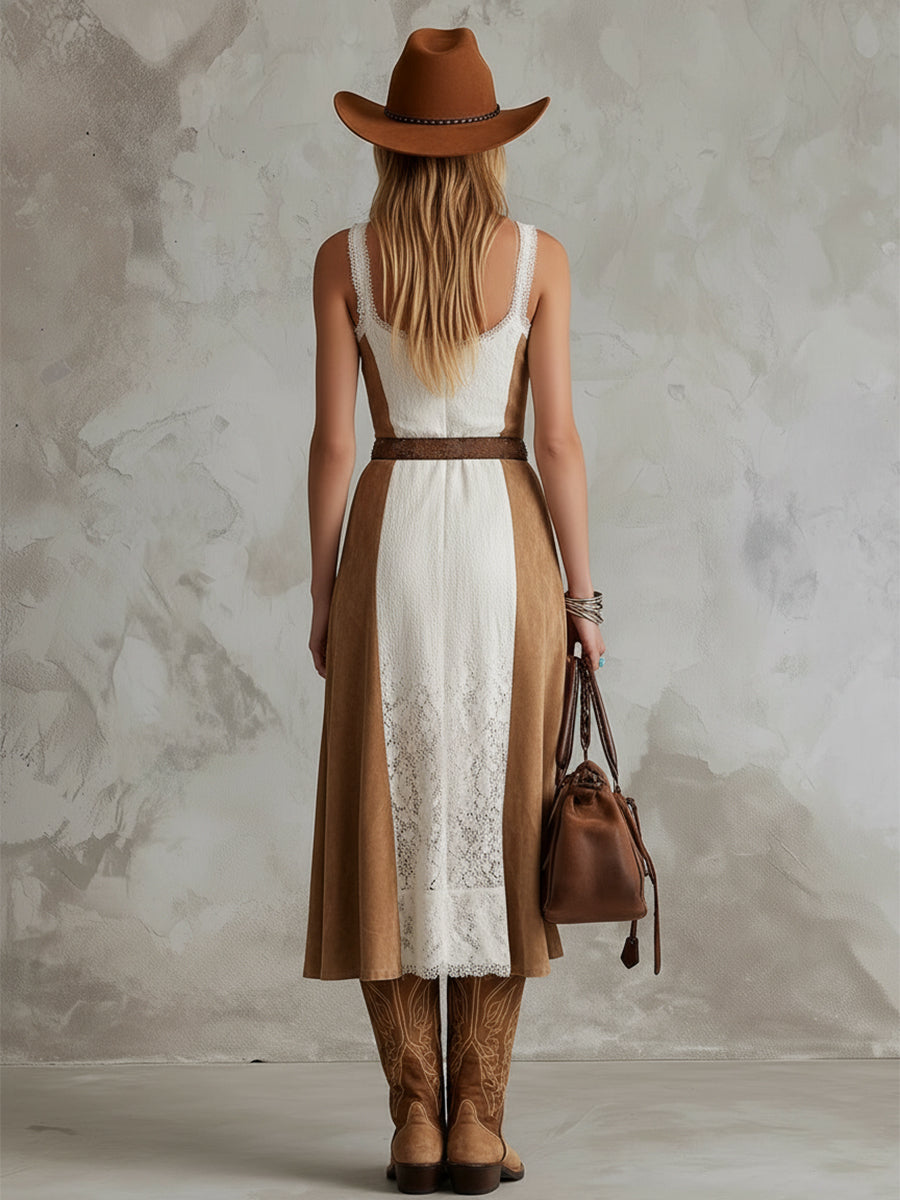 Vintage Western-style White Lace Patchwork Camel Faux Suede Wide-strap Midi Dress