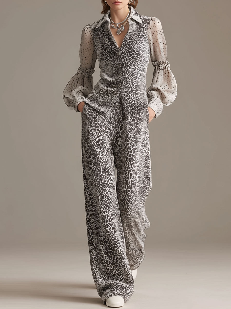 Sporty Retro Chiffon Sleeve Gray Leopard Print Velvet Top And Wide-Leg Pants Set