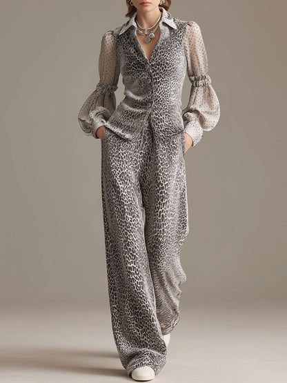 Sporty Retro Chiffon Sleeve Gray Leopard Print Velvet Top And Wide-Leg Pants Set