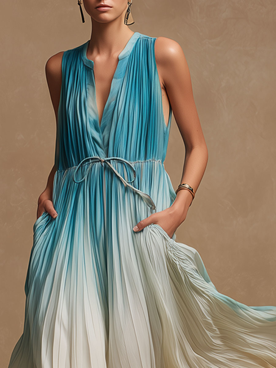 Vacation Retro Blue-Brown Gradient Pleated Chiffon Sleeveless Maxi Dress