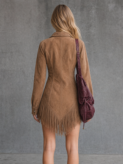 Retro Western Suede Fringe Zip Fitted Lapel Dress