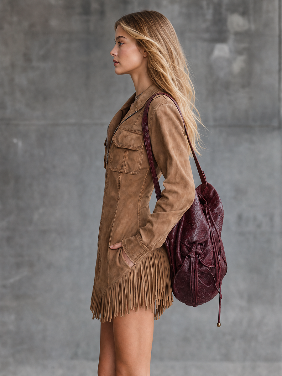 Retro Western Suede Fringe Zip Fitted Lapel Dress