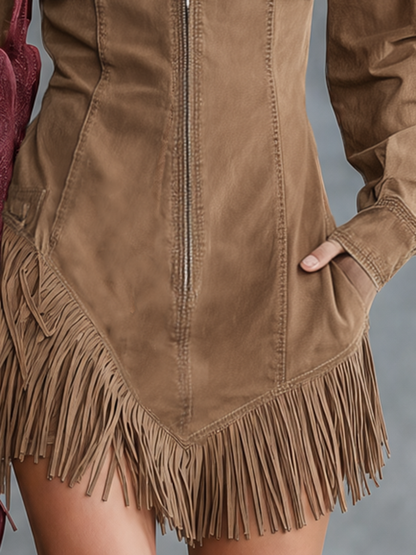 Retro Western Suede Fringe Zip Fitted Lapel Dress