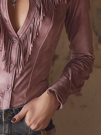 Retro-elegant Pink Collared Fringed Stretch Faux Suede Blouse