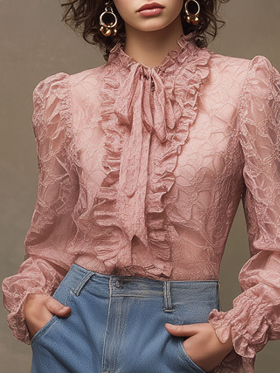 Western Retro Pink Lace Ruffled Long-Sleeved Shirt