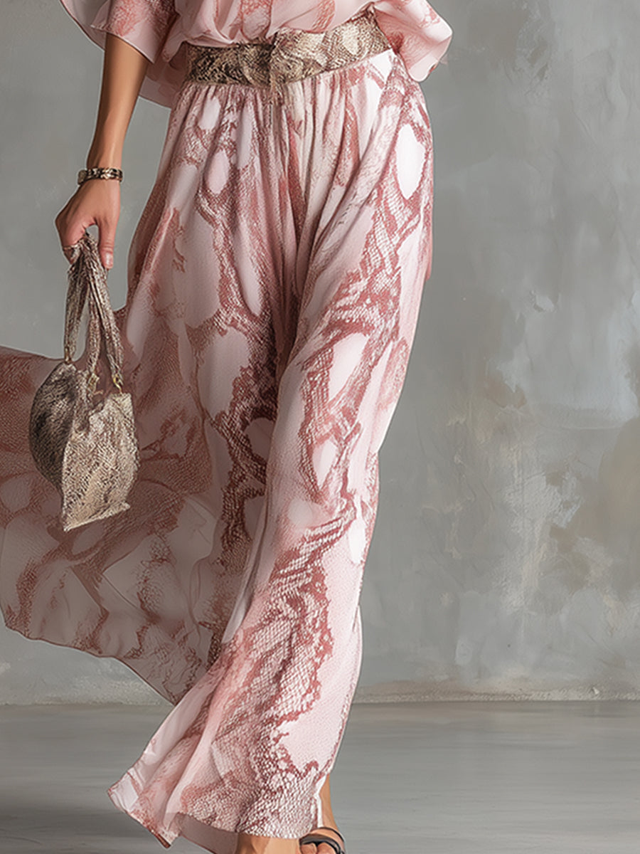 Retro Urban Style Pink Snake Print One-shoulder T-shirt And Wide-leg Pants Set