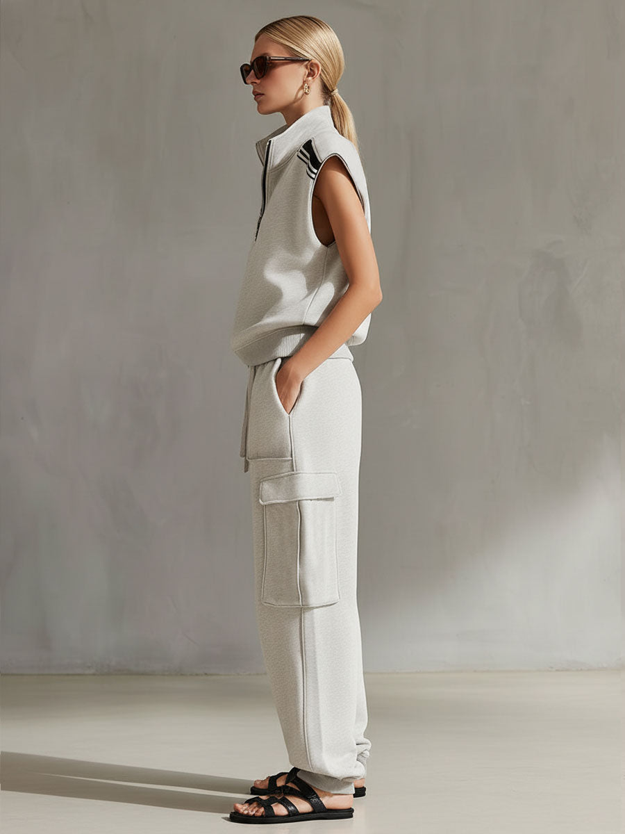 Casual Retro Sporty Gray And White Half-Zip Sleeveless Sweatshirt And Cargo Pants Set