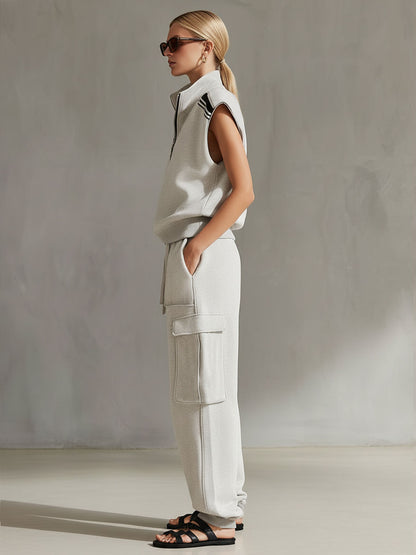 Casual Retro Sporty Gray And White Half-Zip Sleeveless Sweatshirt And Cargo Pants Set