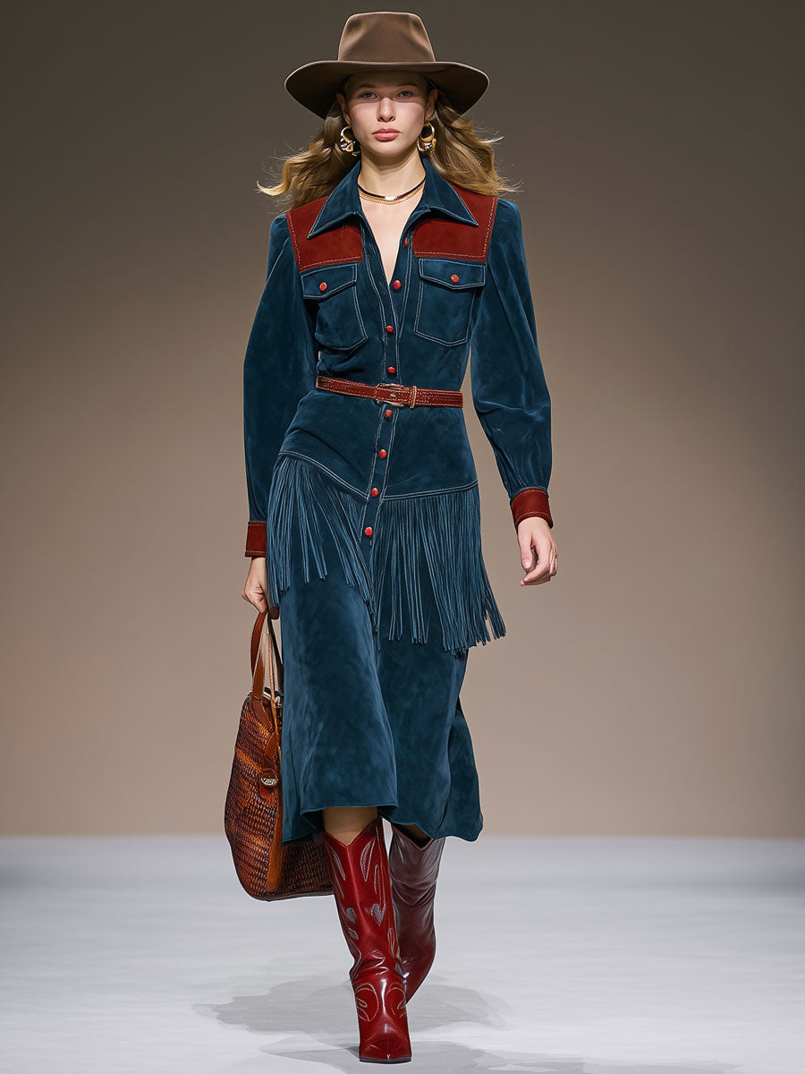 Western Retro Red And Blue Faux Suede Color Block Tassel Long-Sleeved Midi Dress