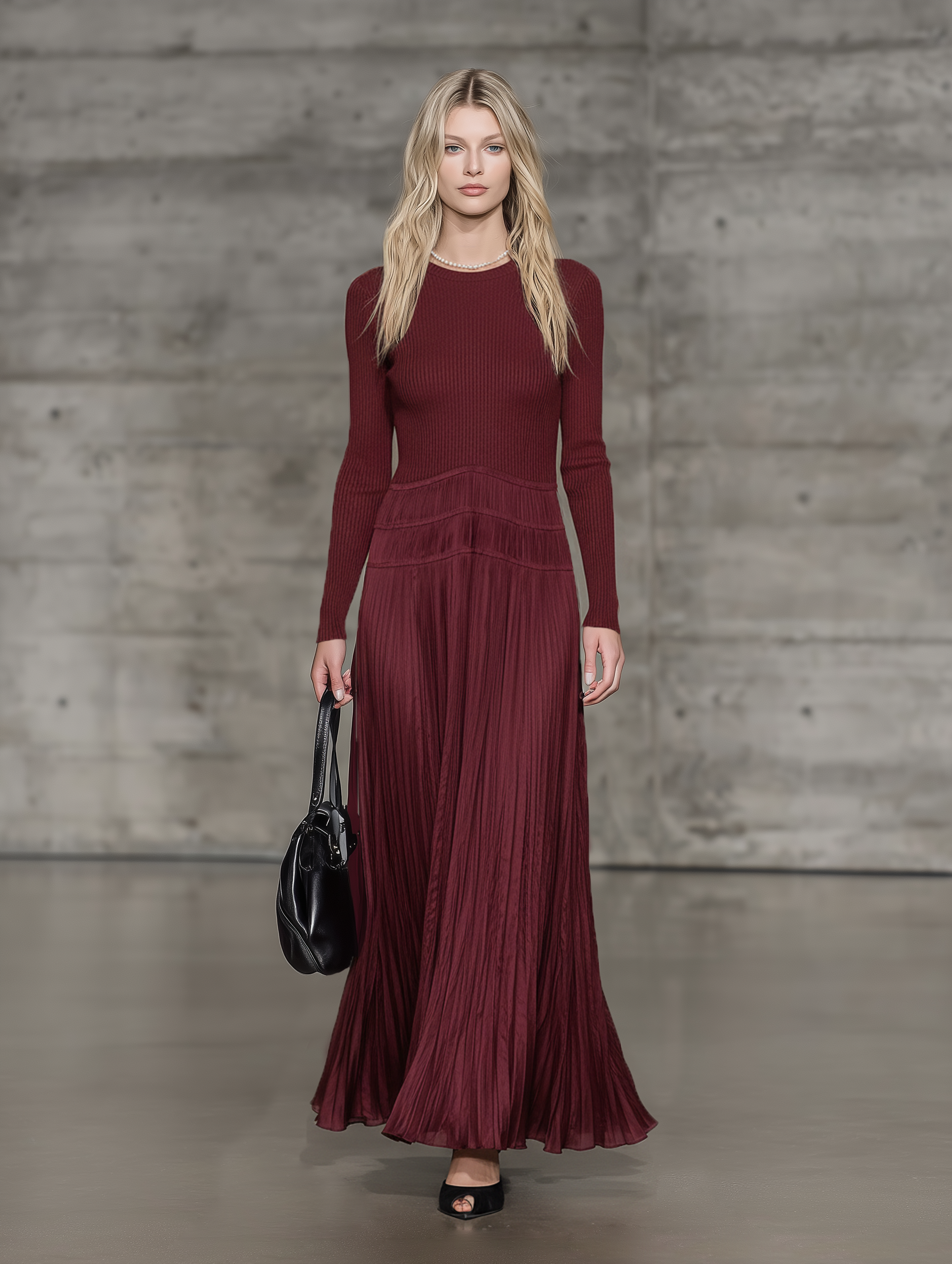 Stylish Knitted Round Neck Top With Matte Satin Pleated Hem Maxi Dress