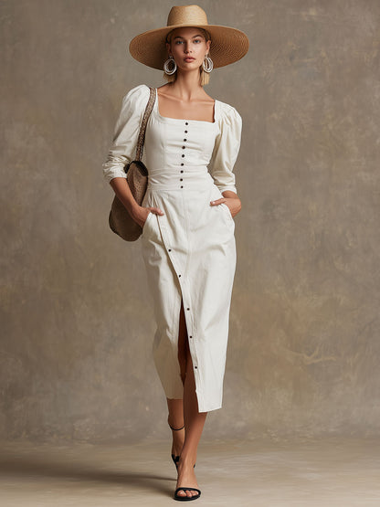 Fashionable Retro-style Square Neckline Long-sleeved White Cotton Midi Dress