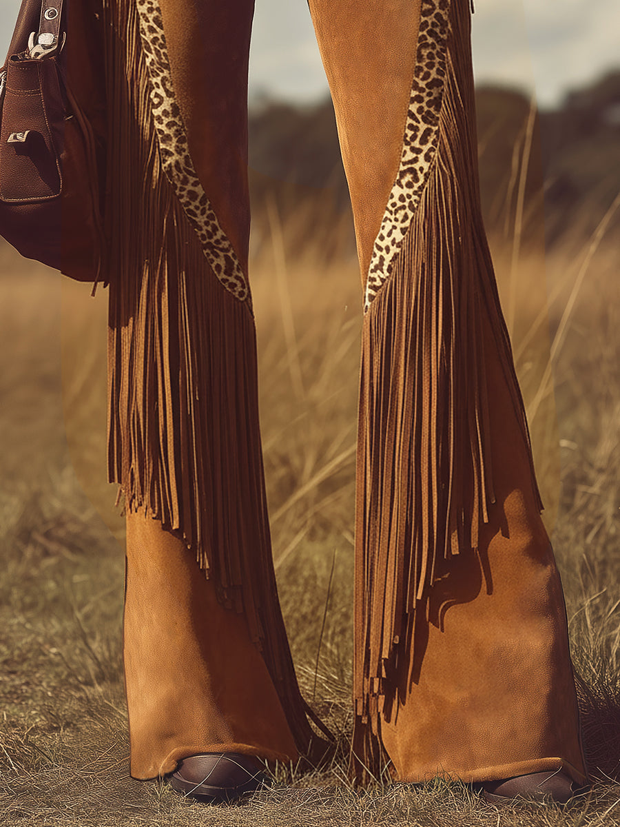 Retro Western-style Fringed Faux Suede Flared Trousers