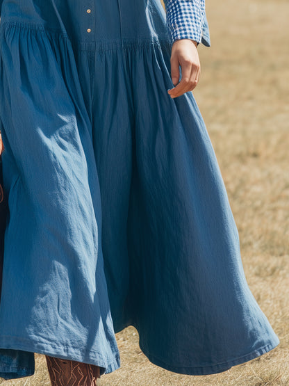 Western-style Blue Denim Patchwork With Partial Plaid Pattern And Buttons Maxi Dress