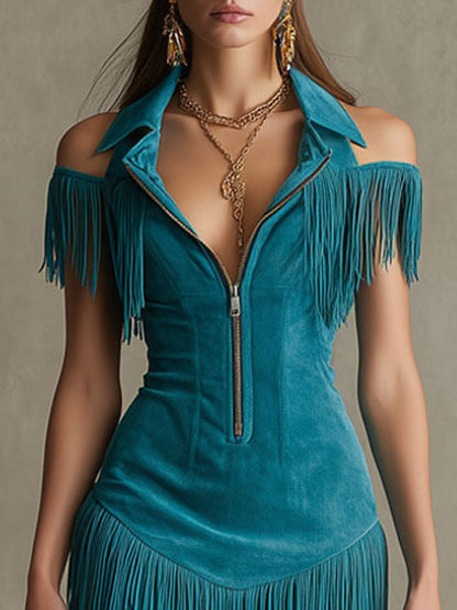 Western Retro Peacock Blue Faux Suede Hollow-Out Tassel Mini Dress
