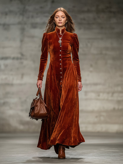 Western Orange Velvet Stand Collar Button Maxi Dress