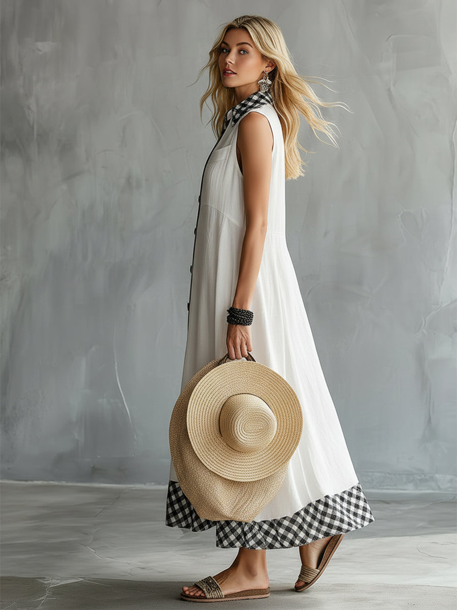 Chic Vacation-style Plaid Trim White Cotton Linen Collar Sleeveless Maxi Dress
