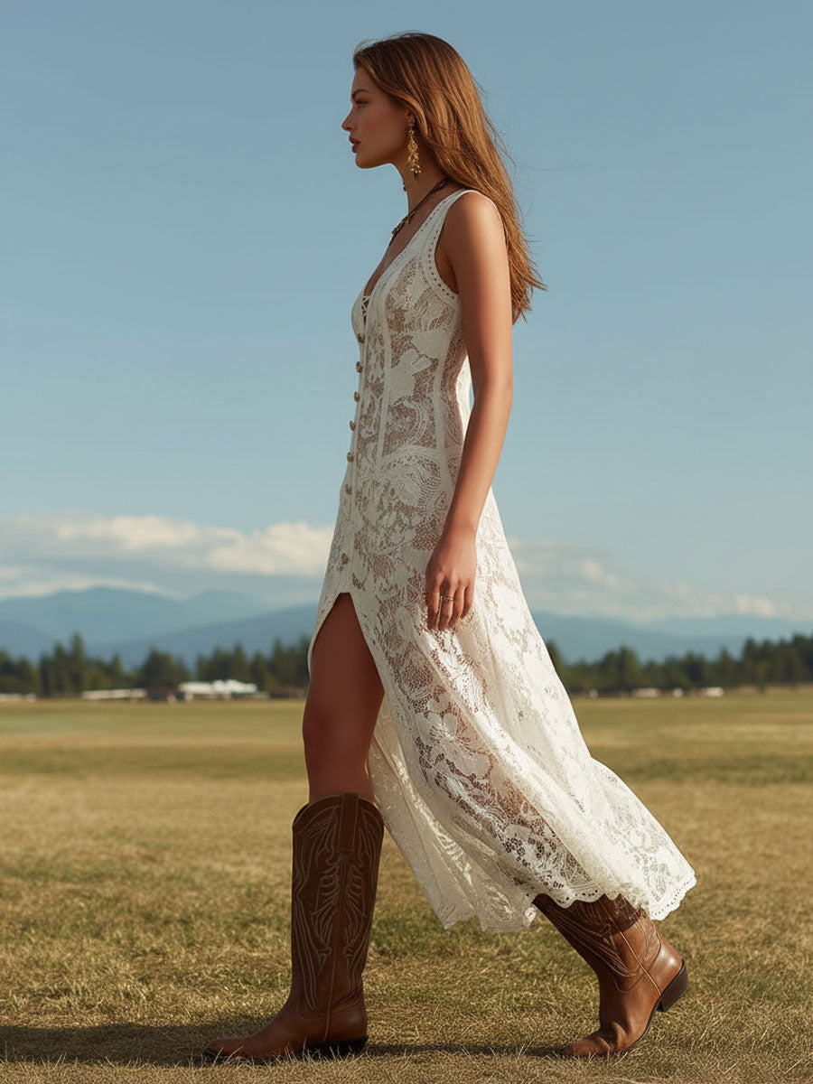 Western Retro White Lace Sleeveless Slit Maxi Dress