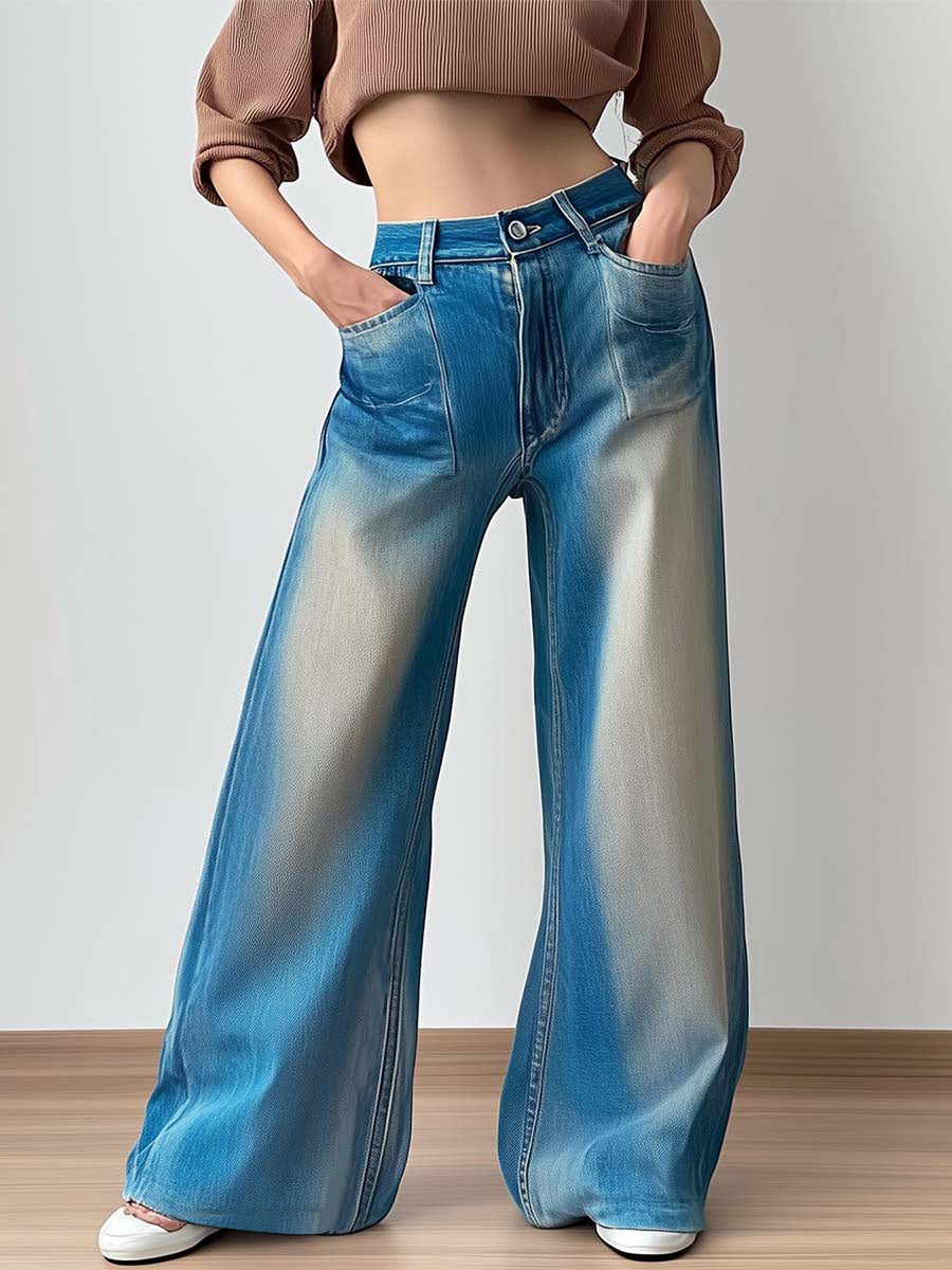 Vintage Fashion Washed Pocket Wide Leg Jeans