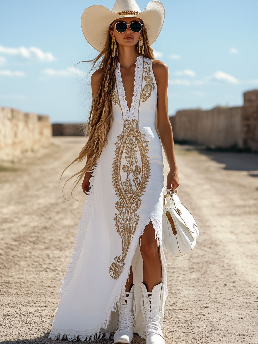 Fashion Resort V-neck Lace Denim Paisley Embroidery Sleeveless Maxi Dress