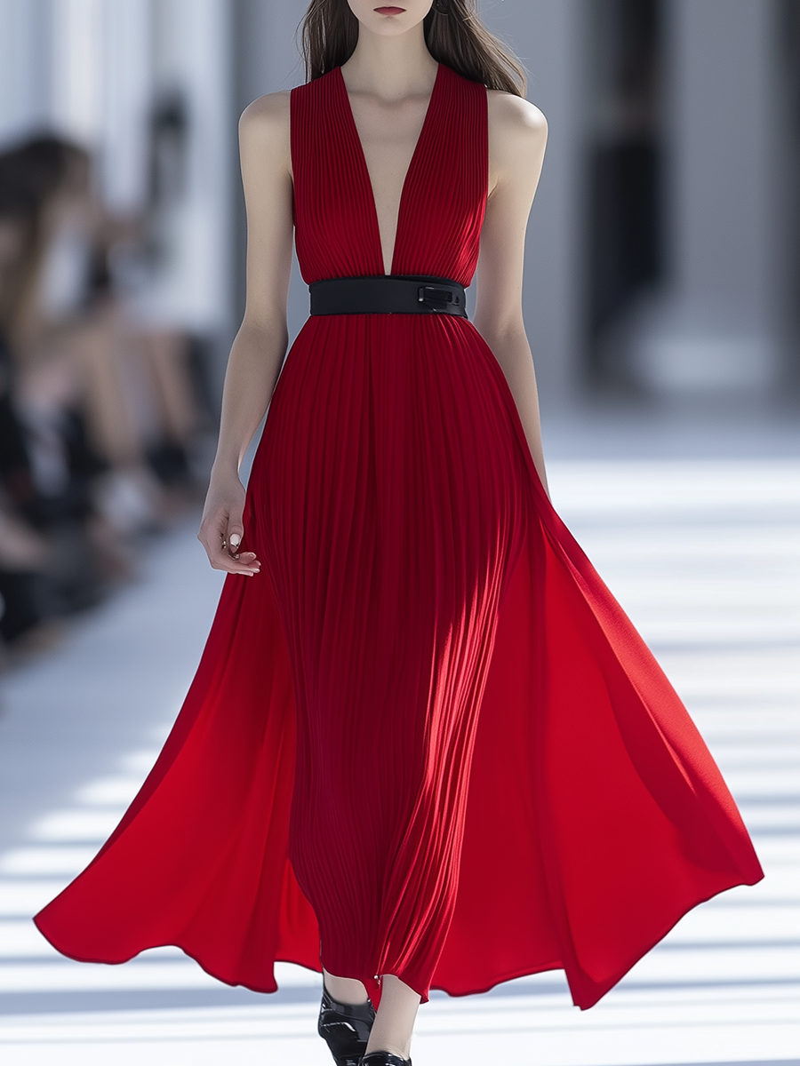 Red V-neck Sleeveless Maxi Dress