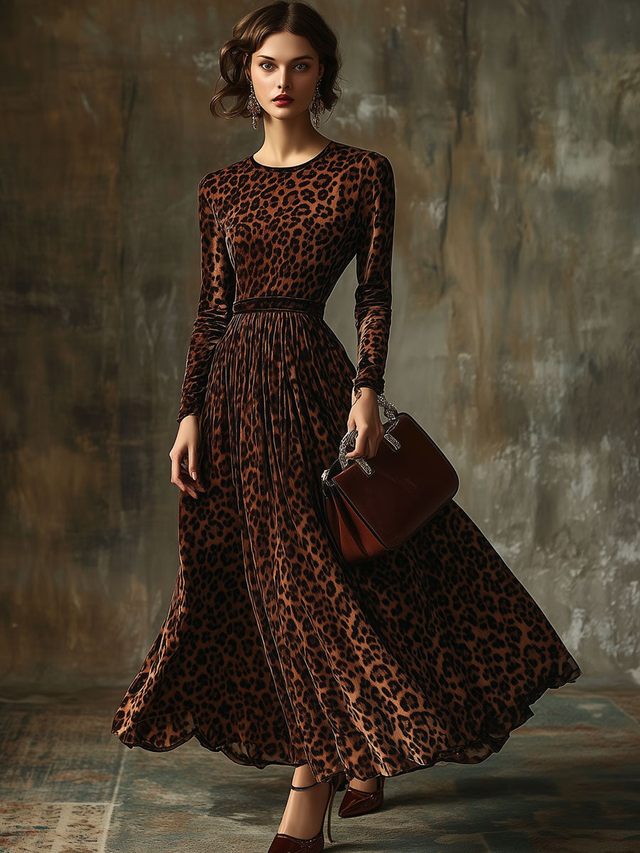 【24-hour shipping out】Casual Vintage Velvet Leopard Print Round Neck Maxi Dress