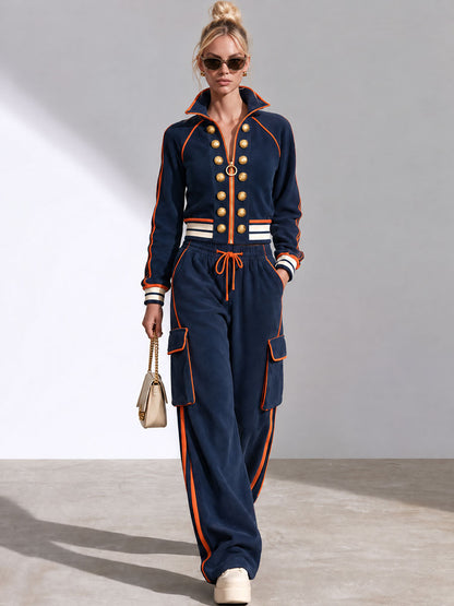 Sporty Retro Double-breasted Decorative Button-down Blue Jacket And Trousers Set