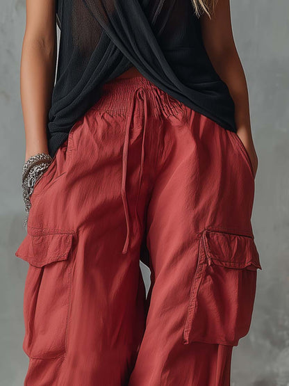Retro Casual Workwear Style Red Cotton Pants Set