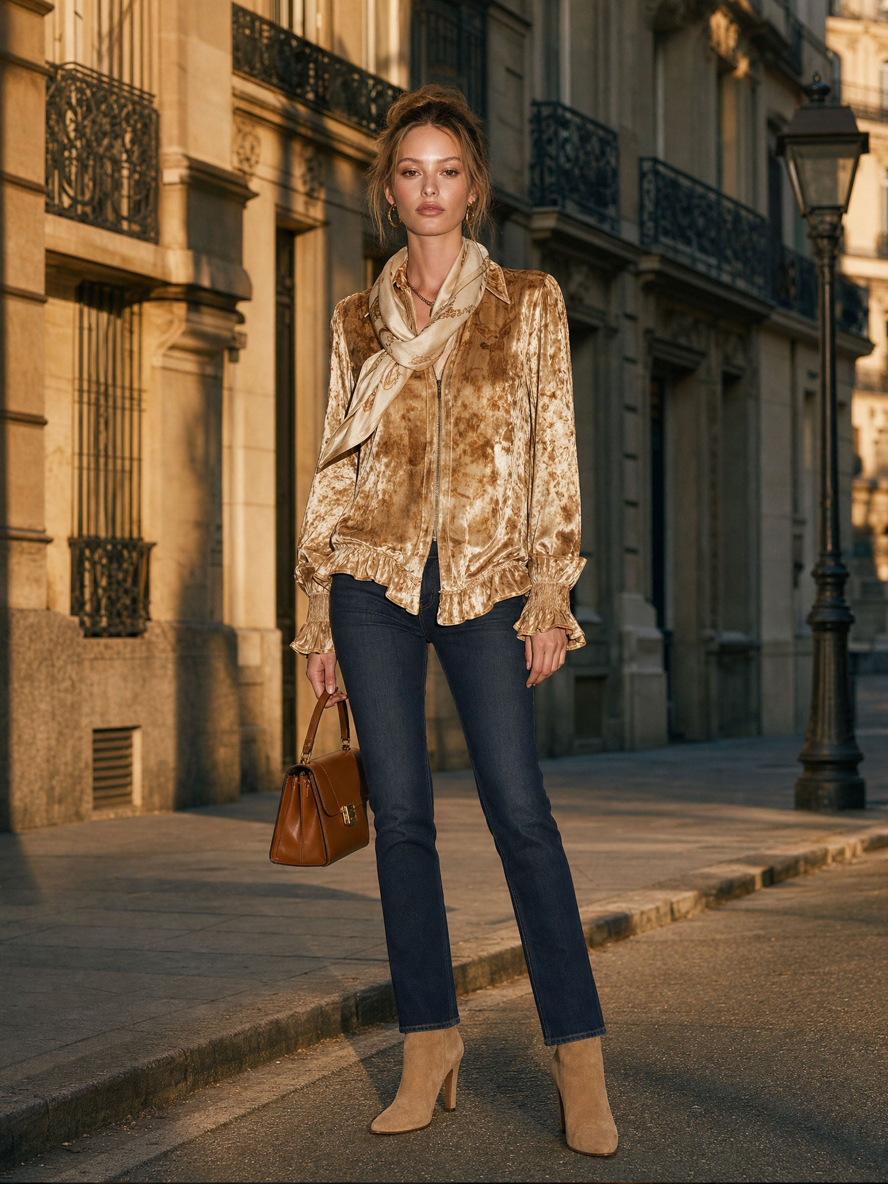 Elegant Retro Deer Print Champagne-colored Velvet Ruffled Long-sleeved Shirt