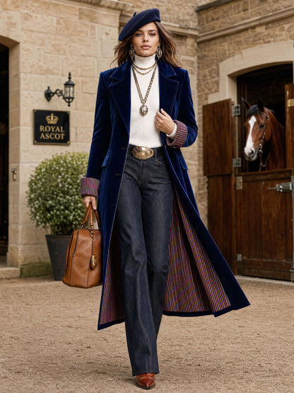Fashionable Retro Striped Patchwork Royal Blue Velvet Mid-length Coat