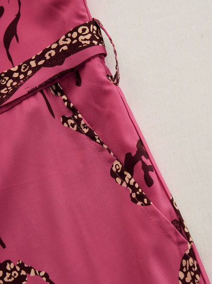 Casual Loose Rose Red Chiffon Leopard Print Long-Sleeved Jumpsuit