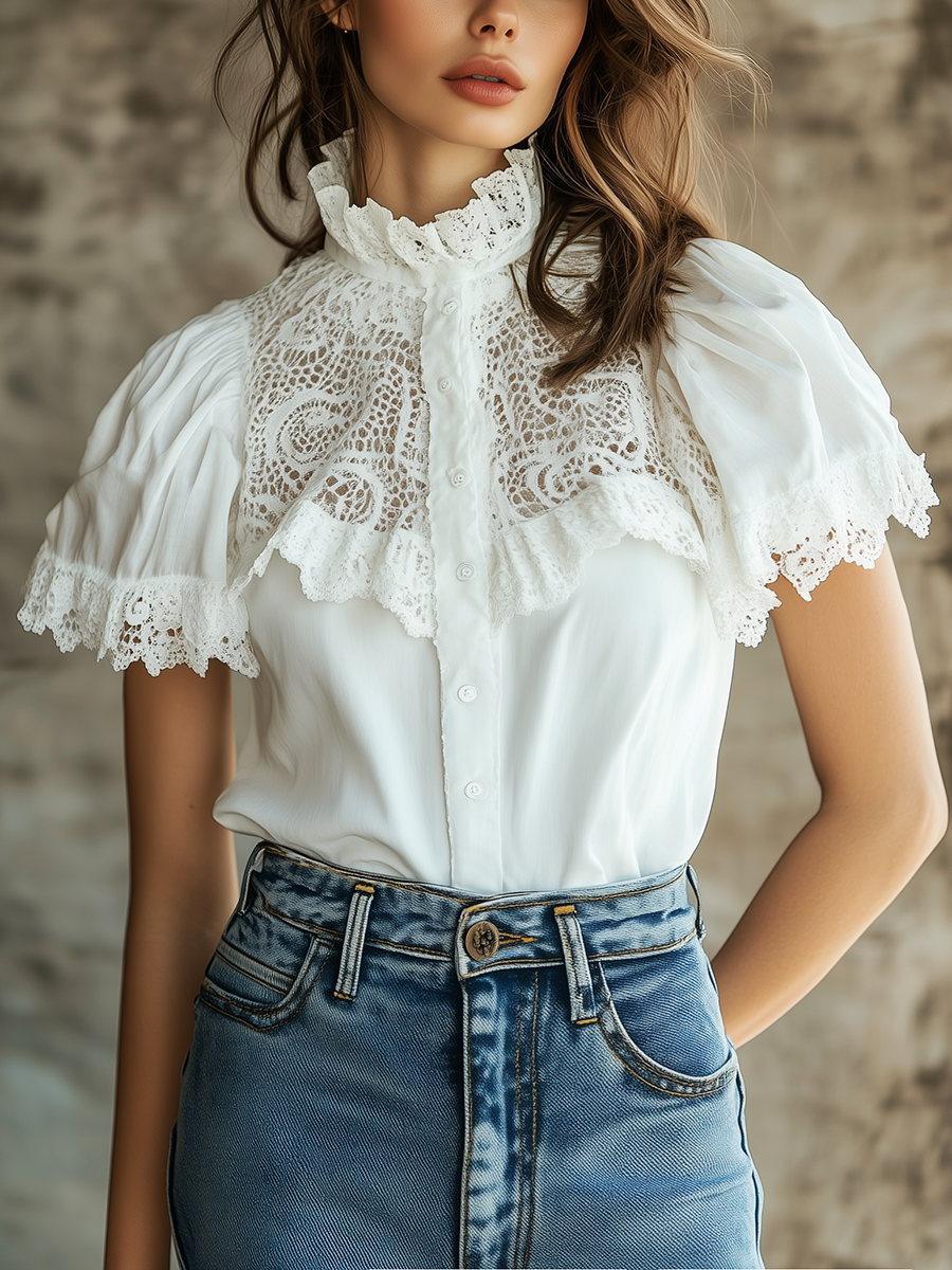 French Elegant Lace Patchwork Short Sleeve Shirt